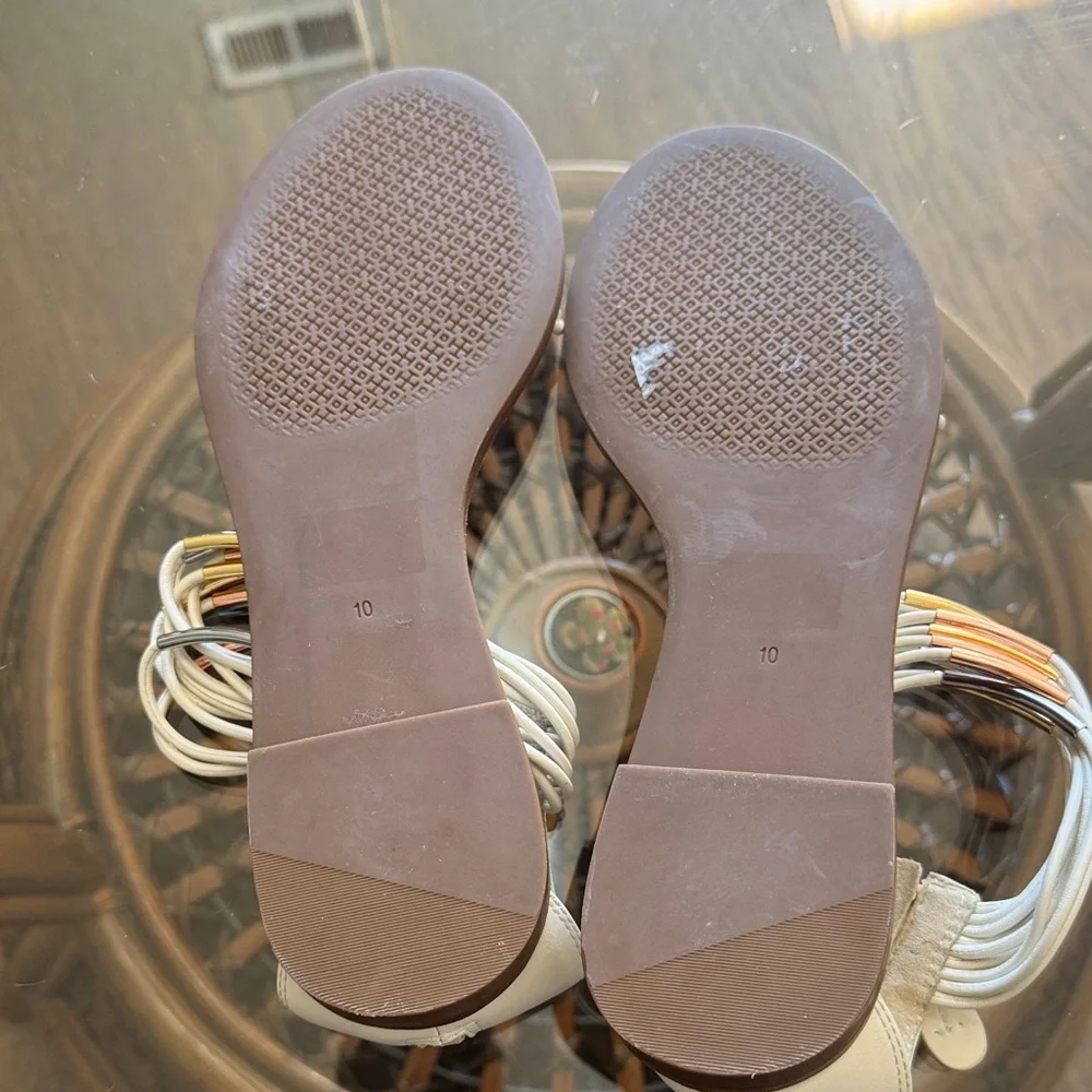 Tory Burch White Leather Ankle-Wrap Flat Sandals with Gold & Silver Accents - Picture 4 of 6